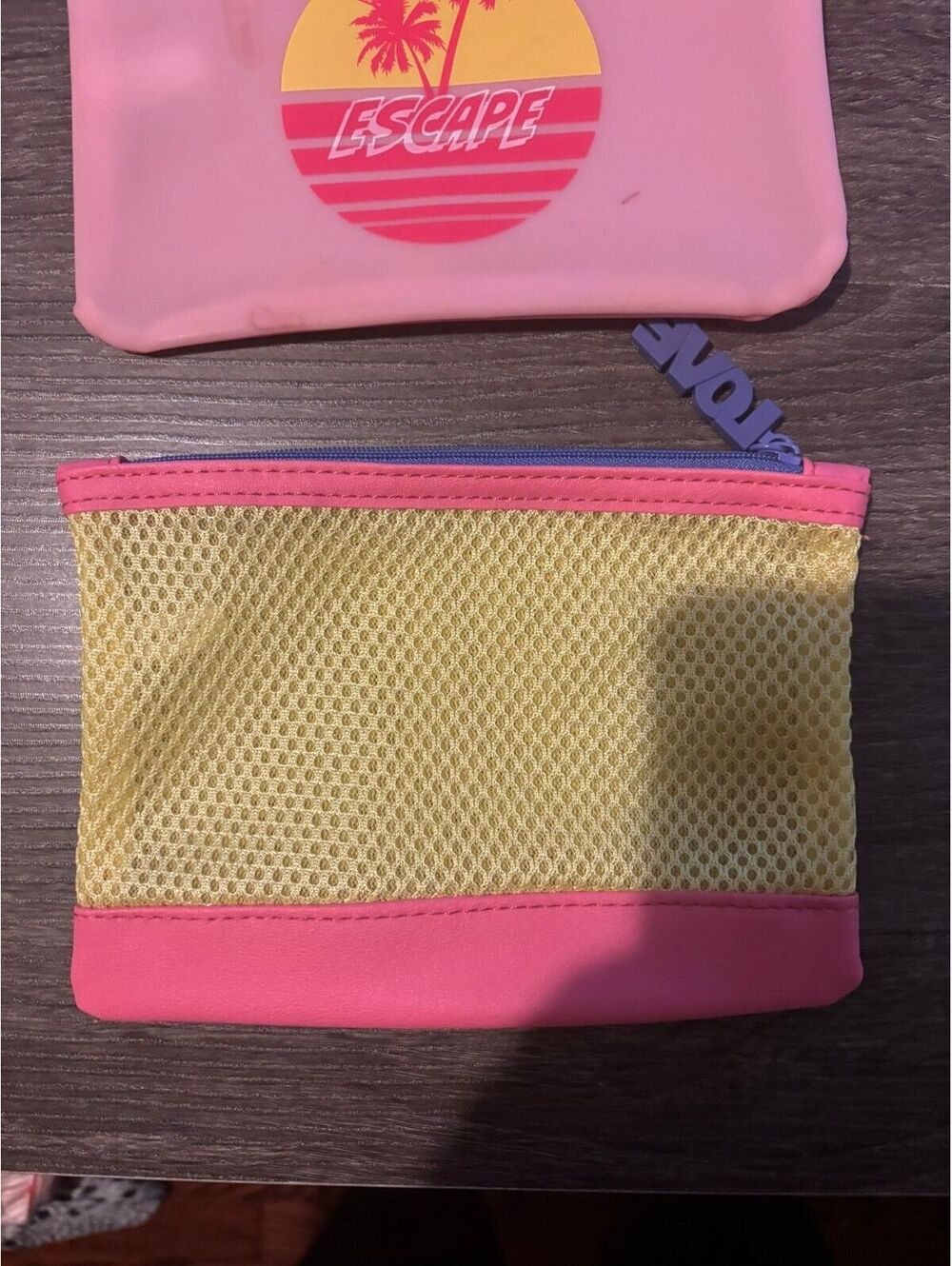 Pink Escape and yellow mesh zip pouches set Ipsy